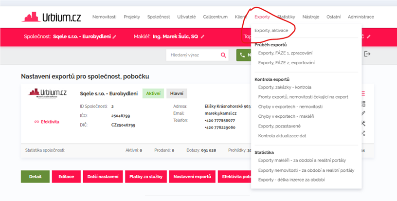 Menu Urbium.cz: Exporty → Exporty, aktivace