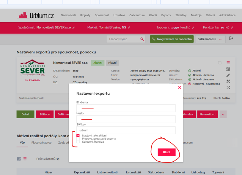 Dialog Nastavení exportu: ID klienta, Heslo, SW key „urbium“ a tlačítko Uložit